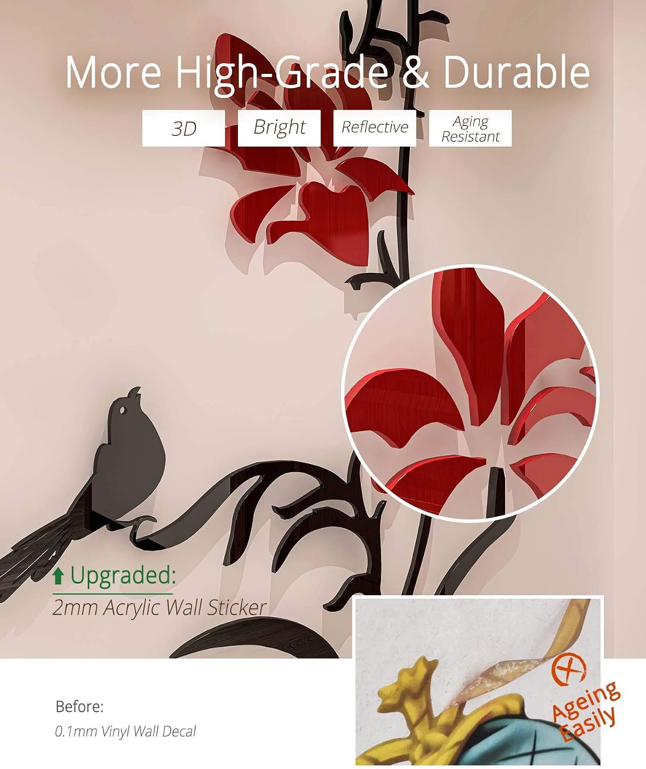 3D Creative Flower Wall Murals for Living Room Bedroom Sofa Backdrop Tv Wall Background, Originality Stickers Gift, Wall Sticker Decor Decals (70(H) x 28(W) inches)