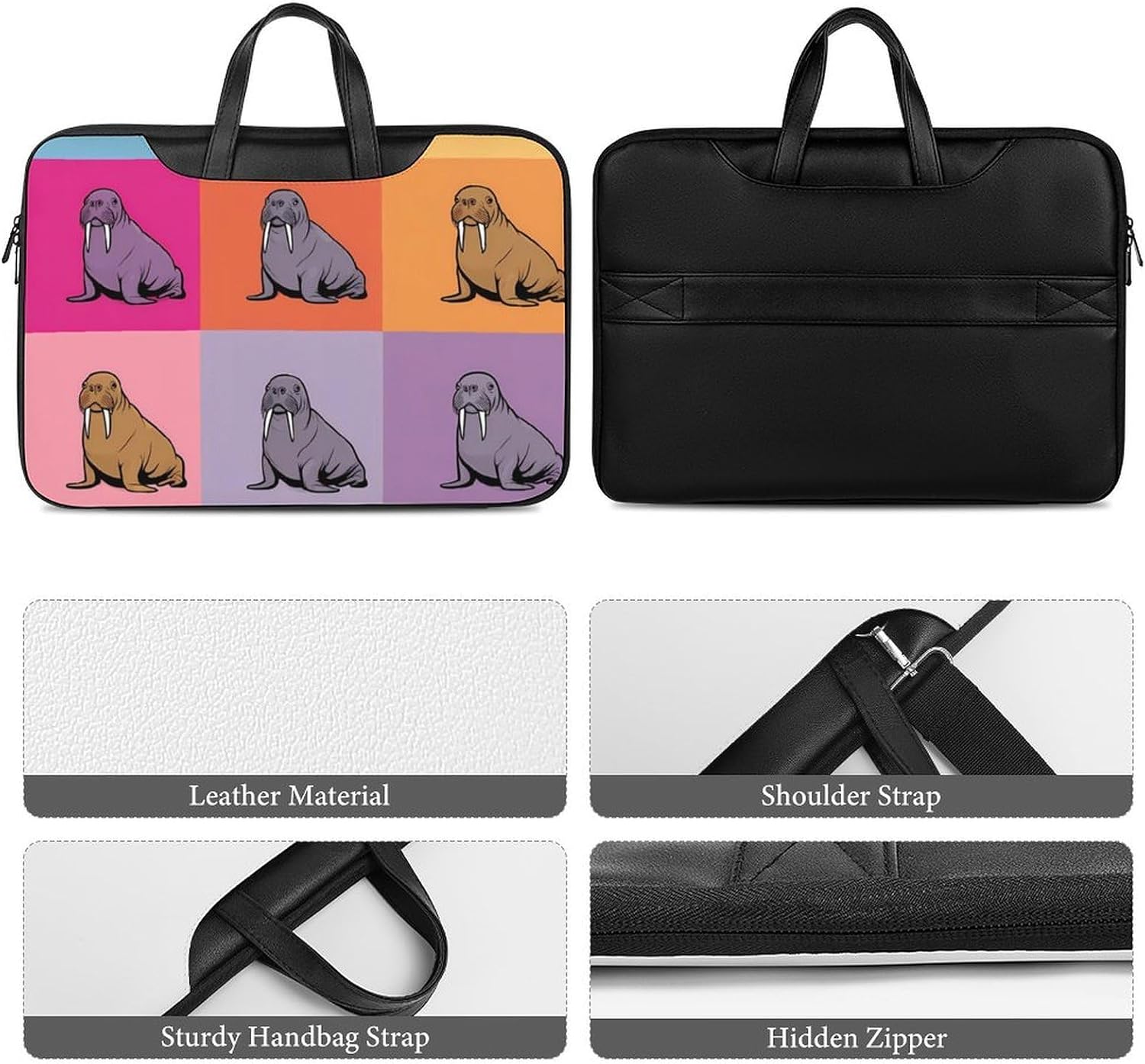 Cute Cartoon Walrus PU Shockproof Laptop Tote Bag image 5