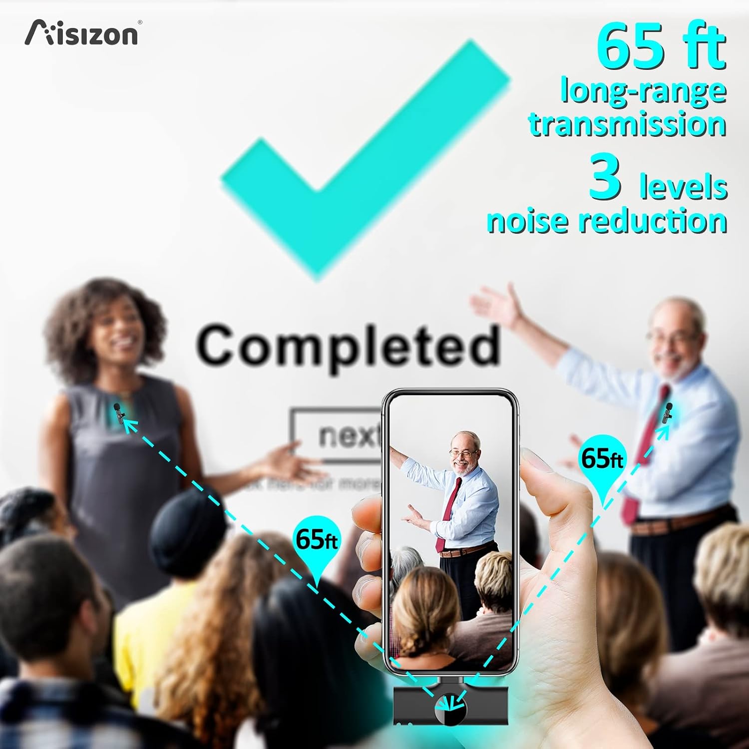 A speaker addressing an audience, demonstrating the 65-foot long-range transmission and 3 levels of noise reduction.
