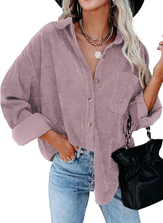 Necooer Womens Corduroy Shirts Button Down Long Sleeve Blouses Boyfriend Tops Oversized Jacket