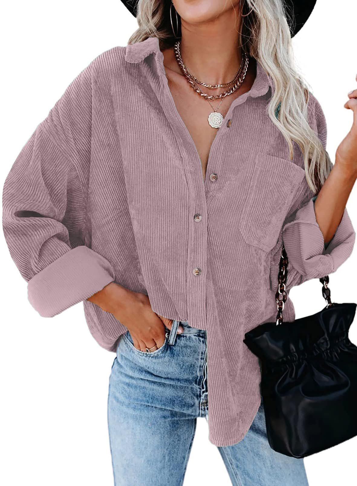 Necooer Damen Cordhemden Boyfriend Langarm Button Down Blusen Tops