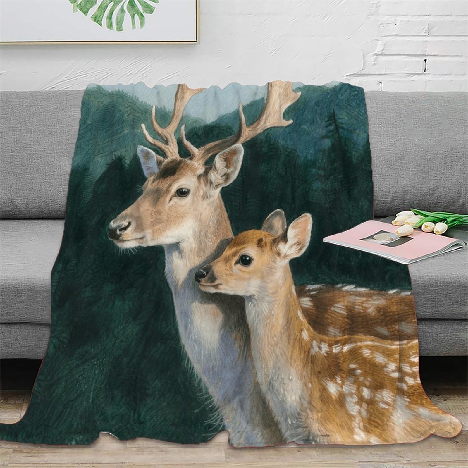 EMYXPAQM Deer Fleece Throw Blanket for Couch Sofa Bed All Season Deer Fawn Pattern Blanket Fluffy Soft Warm Flannel for Couple Wife Husband 80x90inch(200x230cm)