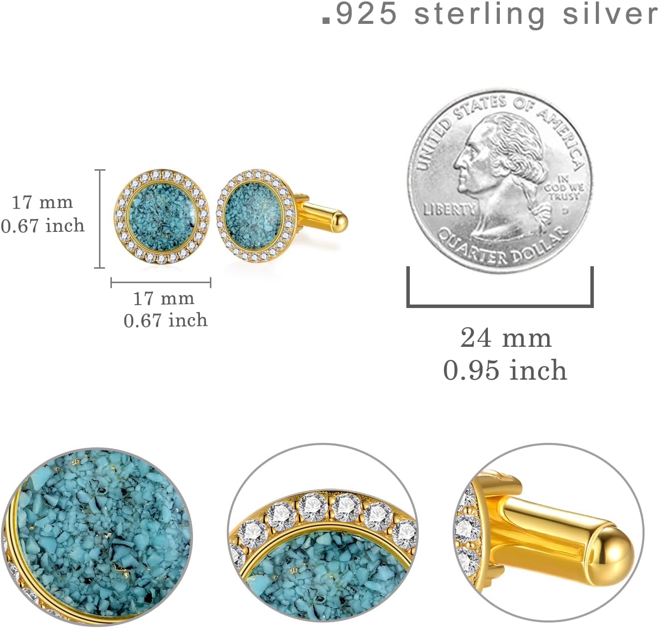 Turquoise Cufflinks for Men 925 Sterling Silver Tuxedo Cuff Links Gold Cufflinks Shirts for Men Jewelry Gifts for Father Husband