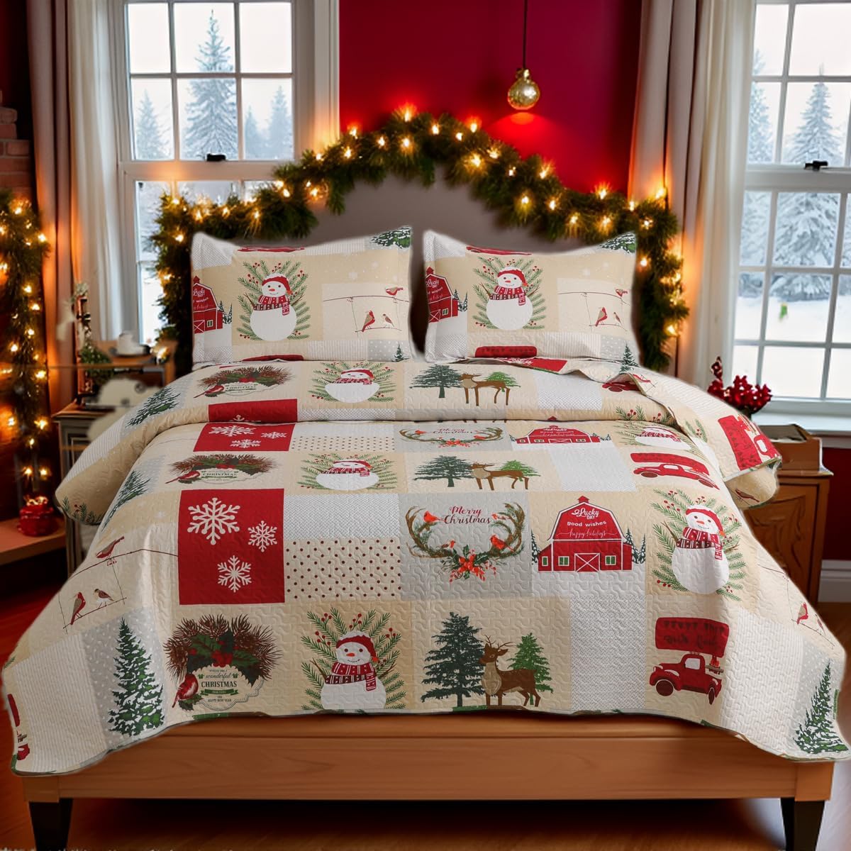 Oliven Xams Bedding Quilts Twin Size Christmas Car Bedspread Lightweight Snowmen Reindeer Cardinals Patchwork Bedding Holiday Bed Quilt Daybed Cover Home Decor