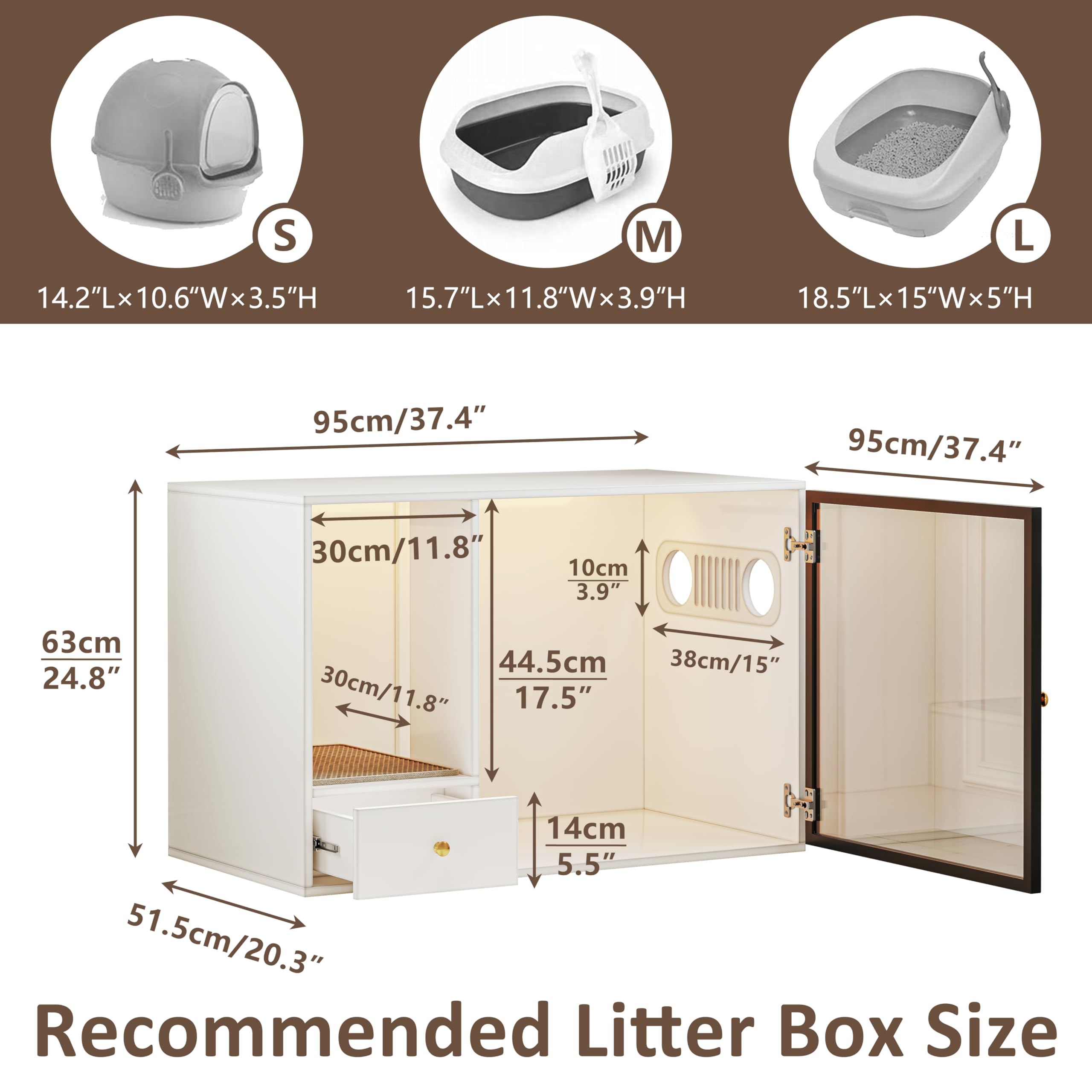 Top Entry Cat Litter Box Enclosure Furniture Style, White Large Hidden Glass Cat Cabinet Pet House with Stairs and Storage Drawers for Living Room (40.2'' W) - image 6