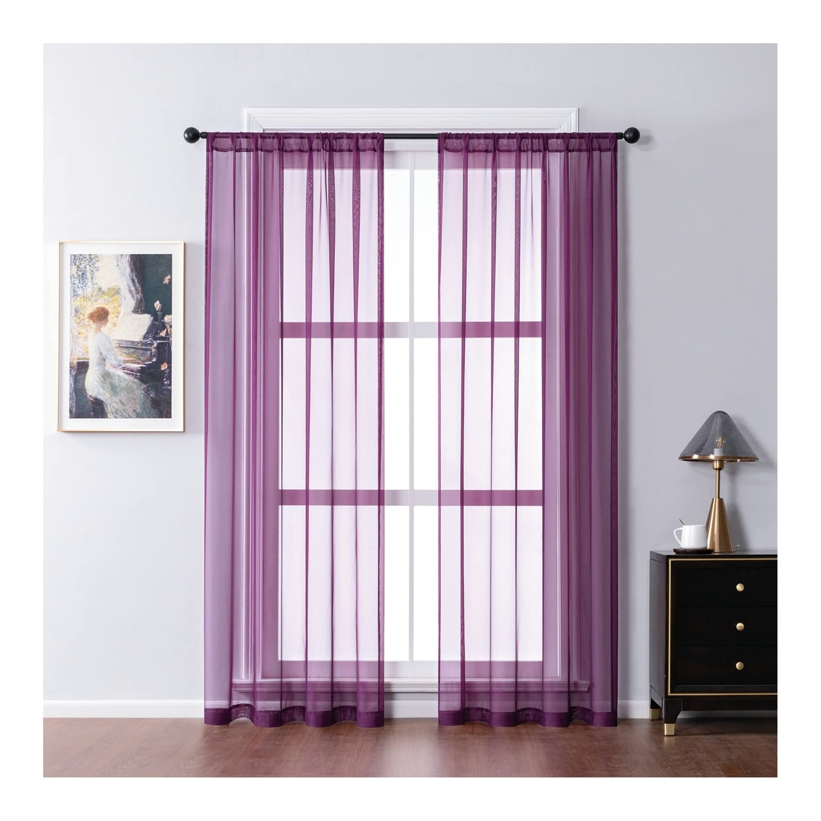 Rideau Chambre 2 Piece Rideau en Voile 2 x 86Wx115L CM,Rideaux en Tulle Violet Couleur Unie Rideau Passe Tringle