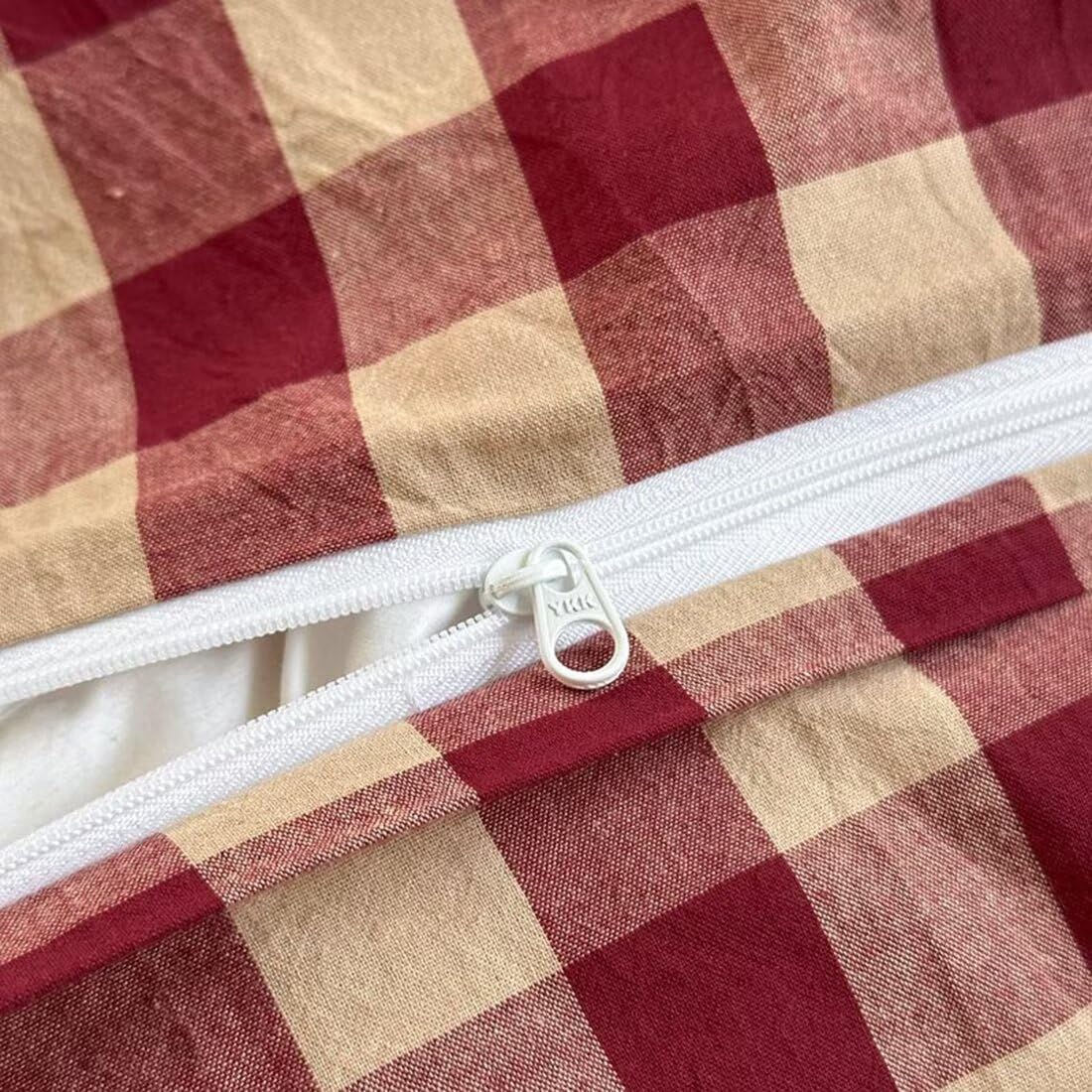 PinkMemory Red Gingham Duvet Cover Set Queen 100% Washed Cotton Beige Plaid Checkered Duvet Cover Full 3pcs Modern Grid Gingham Bedding Set with Zipper Closure Ultra Soft Breathable - Image 6