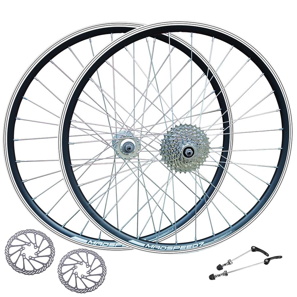 Madspeed7 QR 27.5" 650b (ETRTO 584x19) Mountain MTB Bike Wheel Set + 8 Speed Freewheel (11-32t) + 160mm Disc Brake Rotors – Sealed Bearings Hubs (Very Smooth Hubs) – Double Wall – 32x Silver Spokes