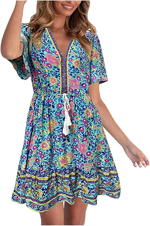 GIJK Summer Women’s TShirt Dress Floral Print Midi Dress for Beach