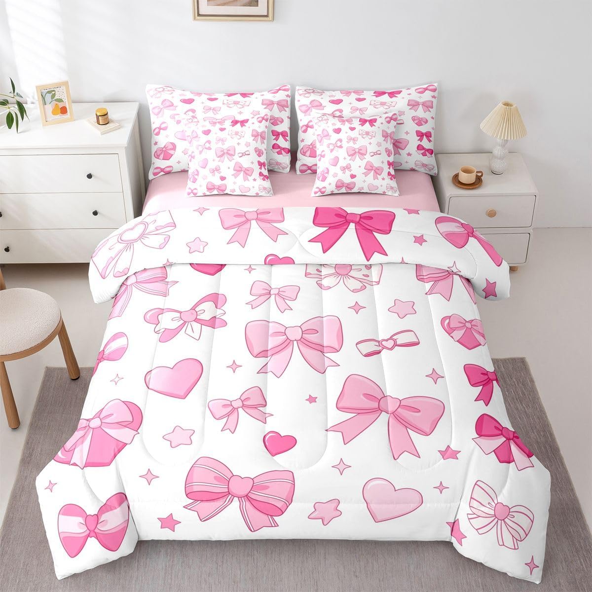 jejeloiu Pink Bow Queen Comforter Set with Sheets for Kids Boys Girls Girls Bow 7 Pieces Bedding Set Dreamy Princess Style Bed in a Bag Room Decor Soft Lightweight Microfiber
