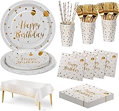 Birthday Party Tableware, 20 Guests White Gold Tableware Kit Birthday Plate Dinner Paper Cup Napkin Reusable Cutlery Party Decorations Kids
