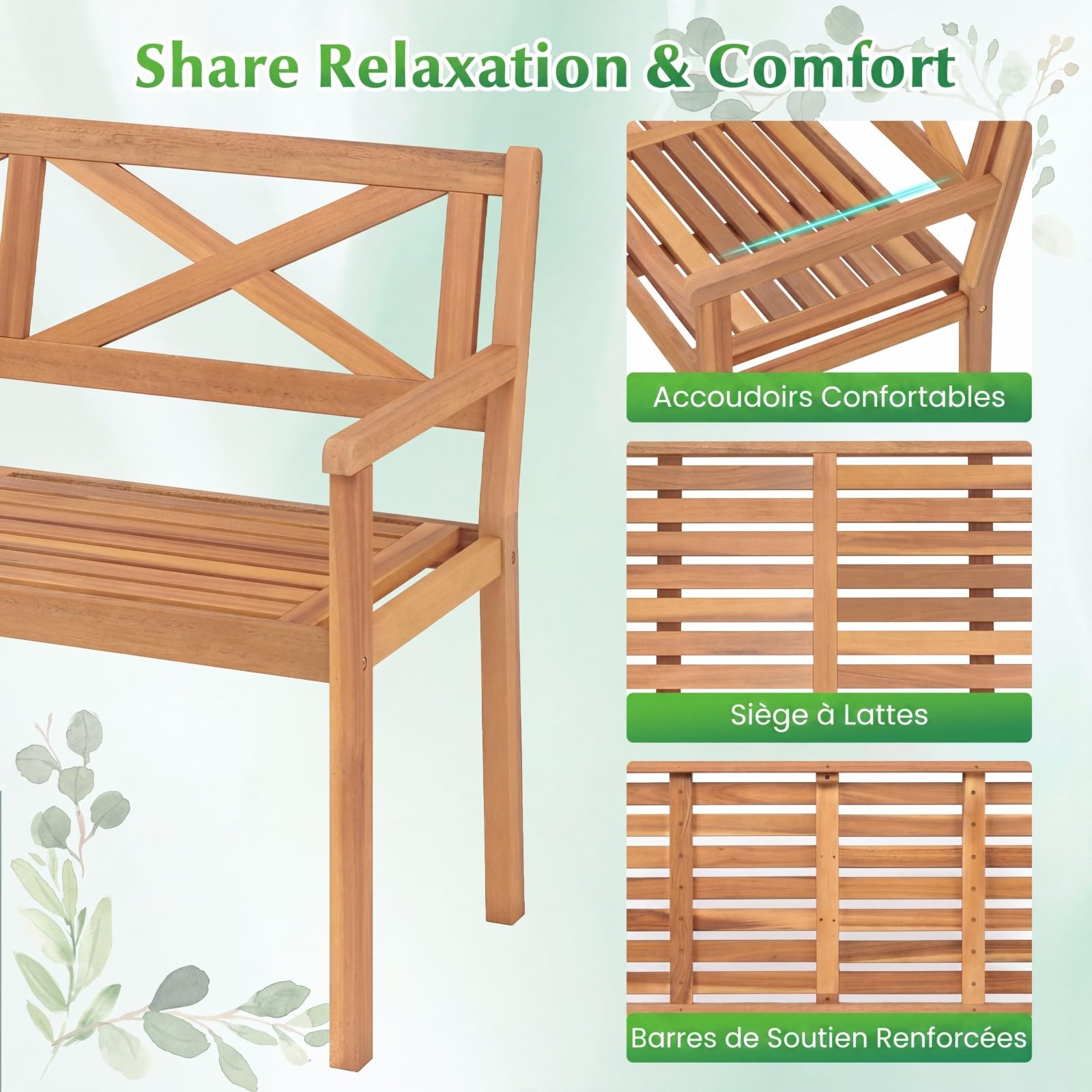 COSTWAY Banc de Jardin en Bois d'Acacia, Banc Exterieur Jardin 2 Places, Dossier Incliné à Motif Géométrique, Charge 360 KG, Accoudoirs, Banquette pour Terrasse Parc Patio Balcon, 119 x 56 x 80 cm