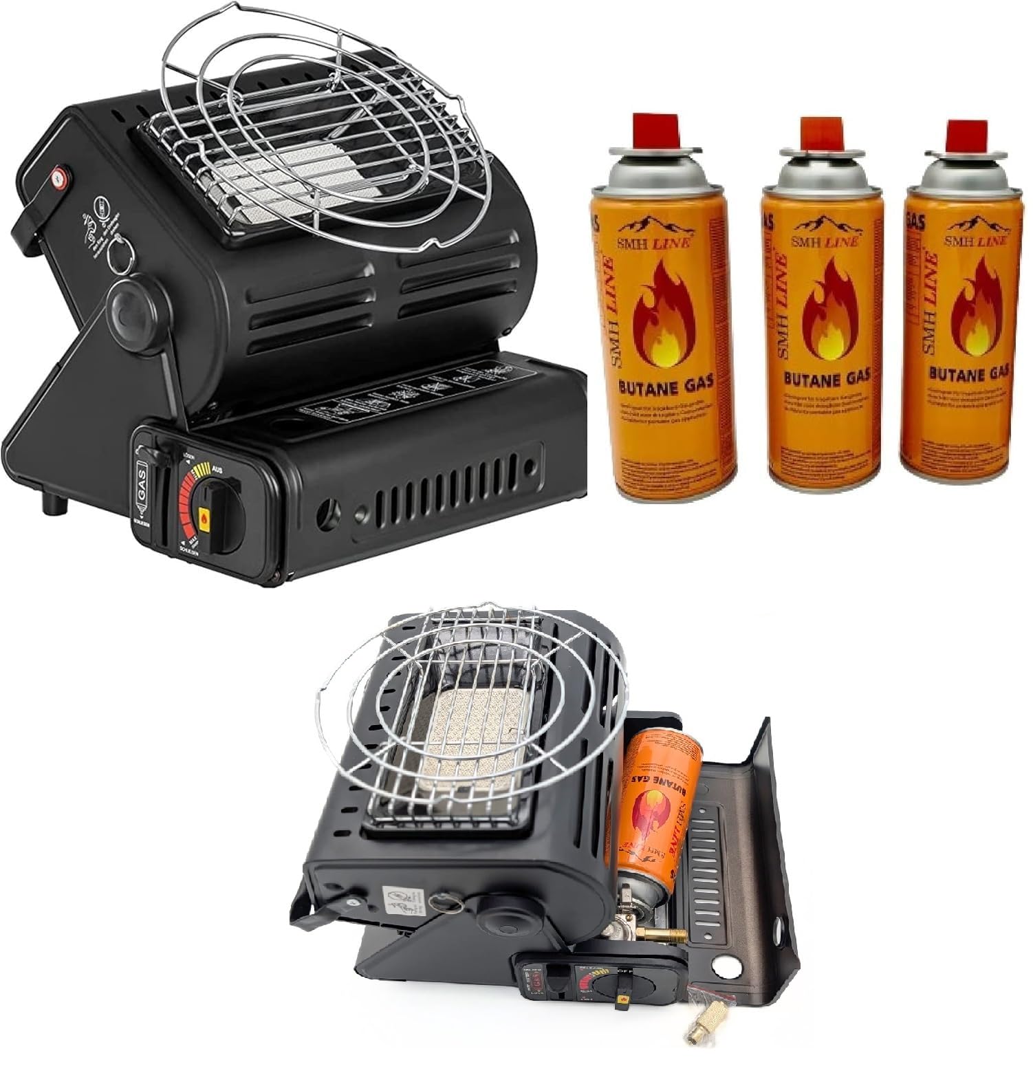 SMH LINE® Chauffage à gaz Portable 2 en 1 pour Camping, Tente d'extérieur, Caravane, réchaud 1,3 KW + Cartouches de gaz Butane en céramique GPL