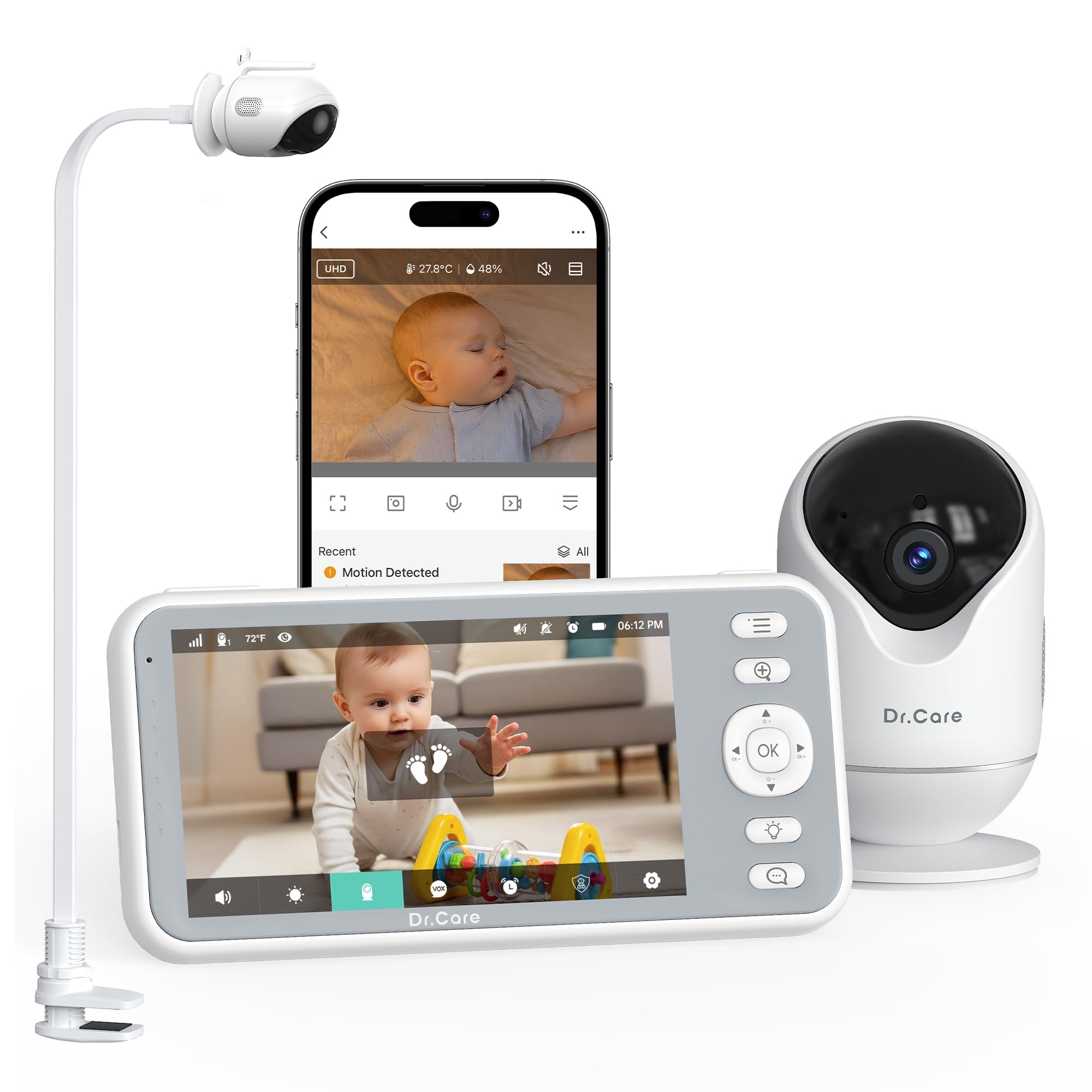 Dr.Care Baby Monitor WiFi 2K, 5", App, supporto a clip & allarme movimento | Tracciamento persone,rilev. suono/movimento/temp./umidità, batt rimov. 5000mAh, portata 390m, visione nott. HD, VistaView RB
