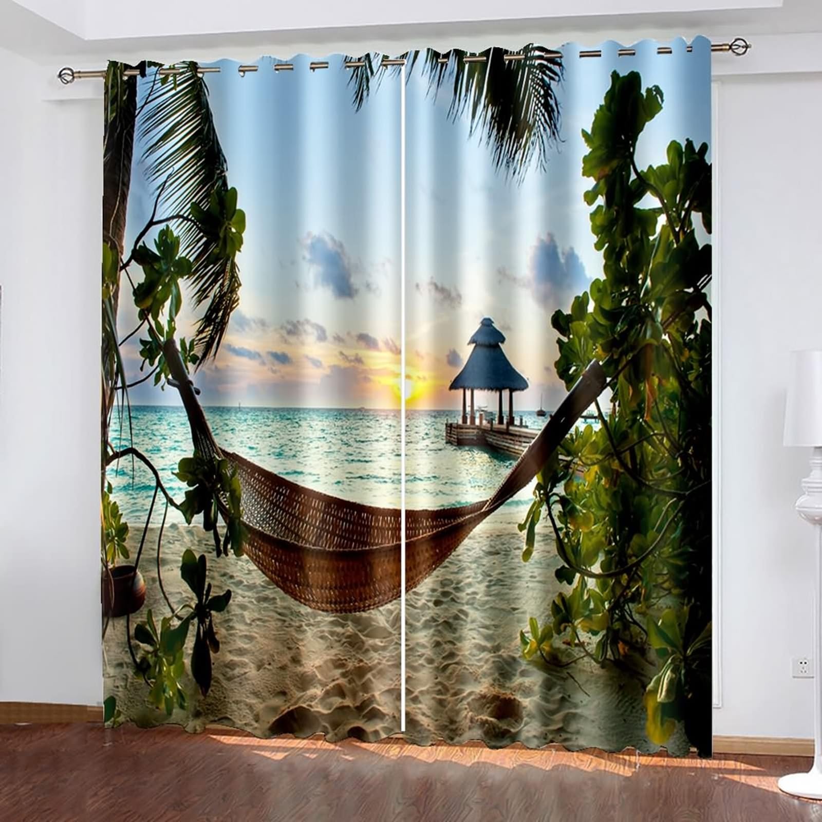 Gardinen Verdunklung, Lichtdichte Vorhänge mit Ösen 2er Set Blau Grün Braun Sonnenuntergang Hängesessel Am Meer Landschaft Vorhang für Wohnzimmer Schlafzimmer, 107x160 cm(BxH)