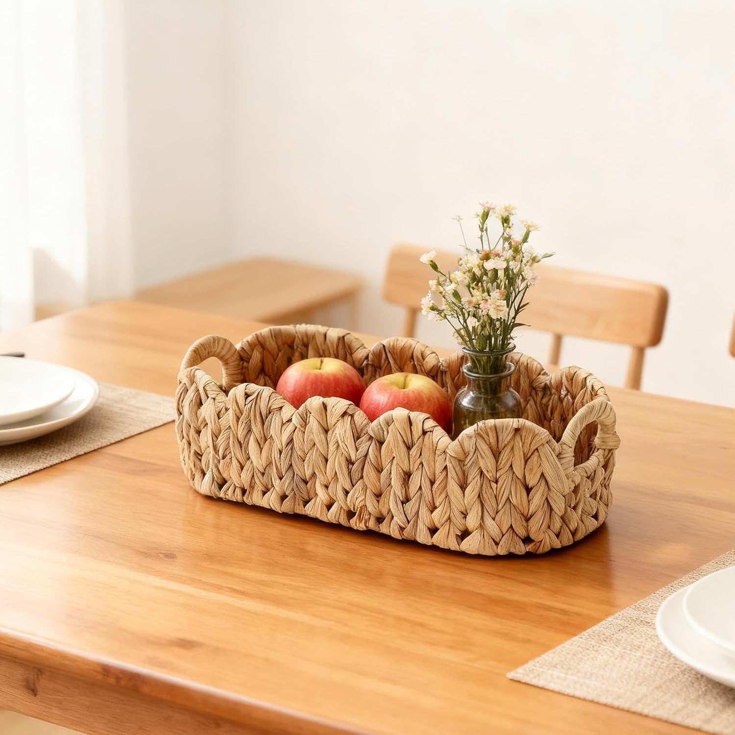 Garvee 2-Pack Scalloped Wicker Basket for Bathroom, Hand-Woven Rattan Toilet Paper Storage Basket with Built-in Handles, Small Decorative Organizer for Countertop, Shelf