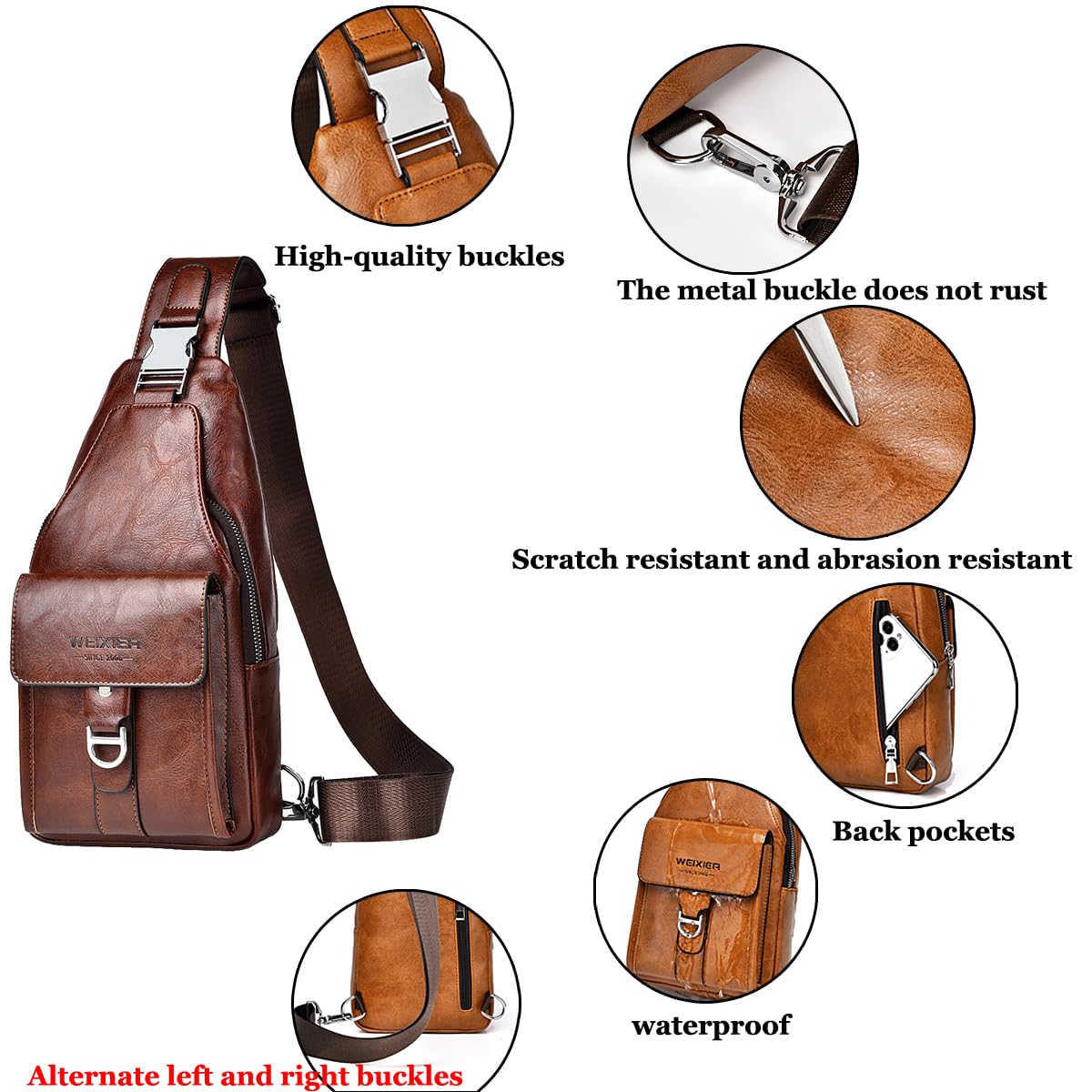 A-QMZL Sacoche Homme Bandouliere Sac de Poitrine Business Sac de Loisir PU Cuir Pochette Epaule da Voyage pour Homme Femme (Brun foncé)