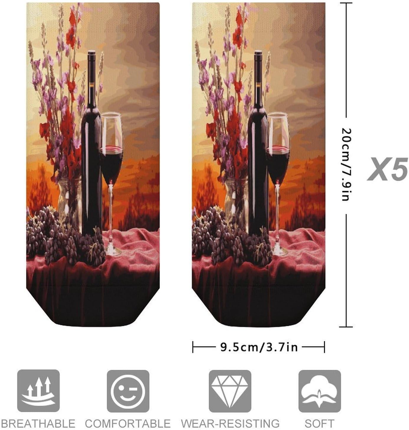 Red Wine Flower Ankle Socks for Men Women 5 Pairs | Comfortable Casual Low Cut Socks, Lightweight No Show Breathable Athletic Socks, Soft Mini Crew Socks for All Seasons
