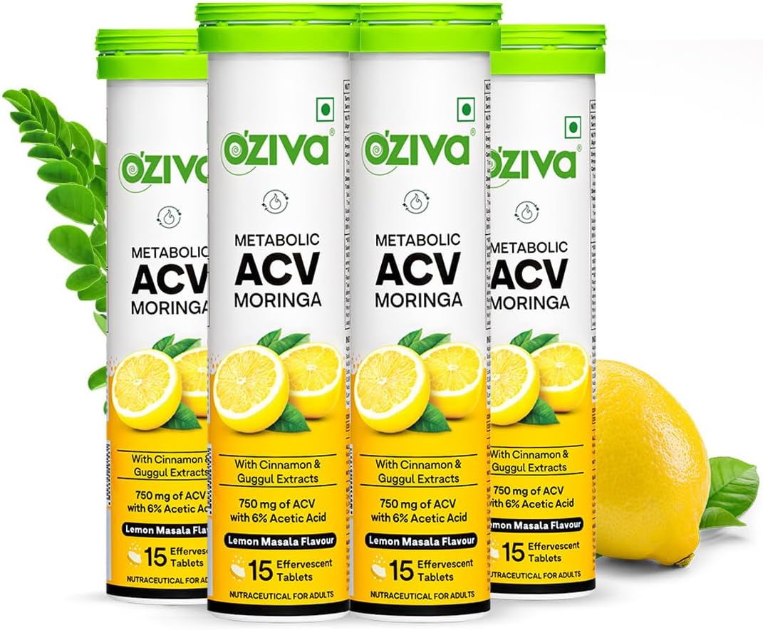 OZiva ACV Moringa For Weight Loss | 3-in-1 Fat Oxidation Formula I With Cinnamon & Guggul Extracts | No Maltodextrin, No Added Sugar | 15 Effervescent Tablets, Lemon Masala (Pack of 4)