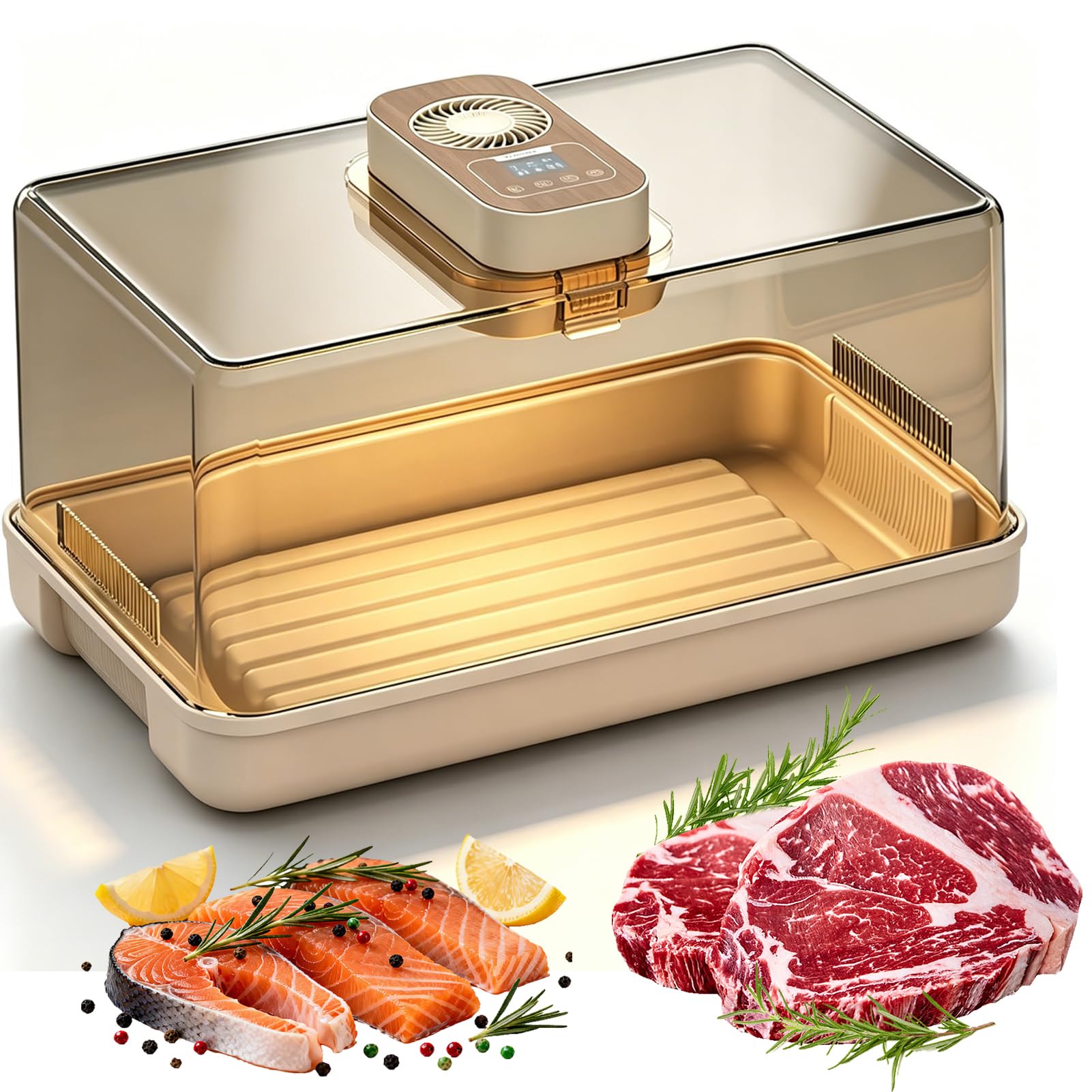 Bandeja eléctrica de descongelación de carne, caja de descongelación de 19 litros con tapa, control de temperatura y calor de circulación de 360°, ideal para descongelar carne, filetes, tocino