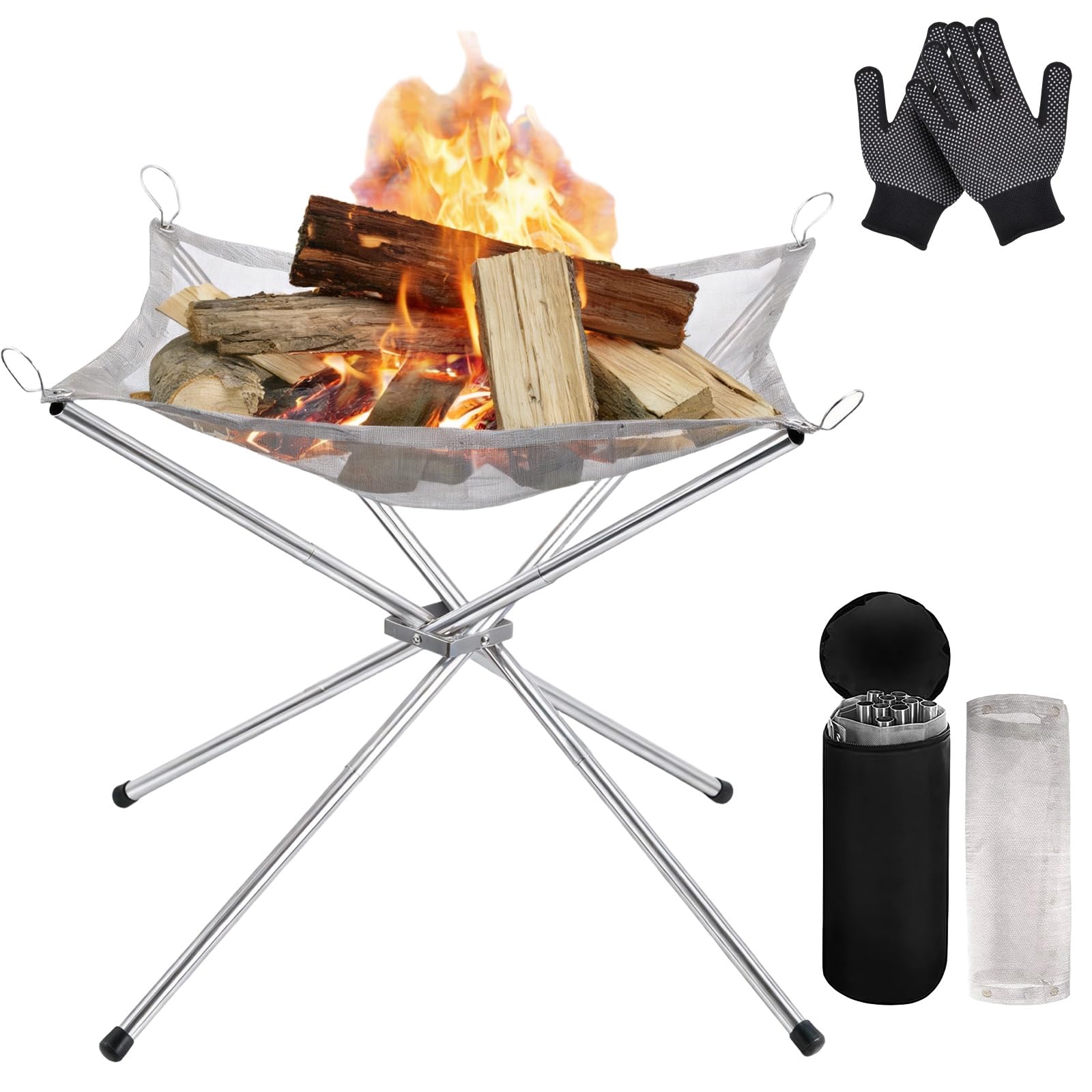 Portable Fire Pit for Camping Essentials, 2 Pcs Foldable Stainless Steel Mesh Fire Pit with Carrier Bag and Gloves, Camping Van Accessories Gifts Perfect for Outdoor, BBQ, Patio and Garden