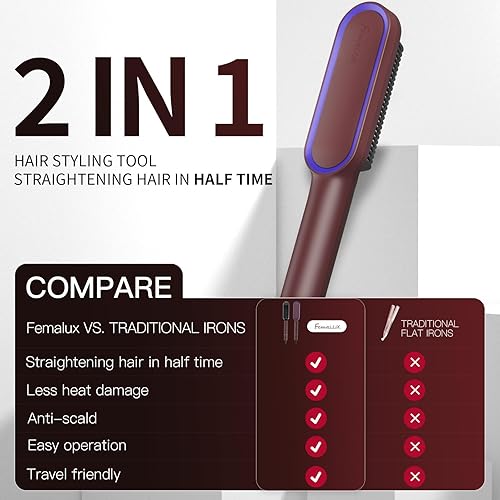 Miniatura 4 de Cepillo alisador de pelo, peine de plancha para alisar el cabello plano, calentamiento rápido de 20 segundos y 5 ajustes de temperatura y