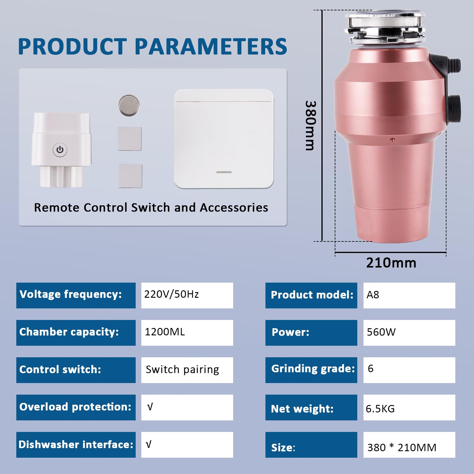 BAOSHISHAN Unidad de Eliminación de Residuos de Comida con Interruptores Inalámbricos 1200ML Unidad Trituradora de Residuos para Fregadero, 6 Niveles de Trituración