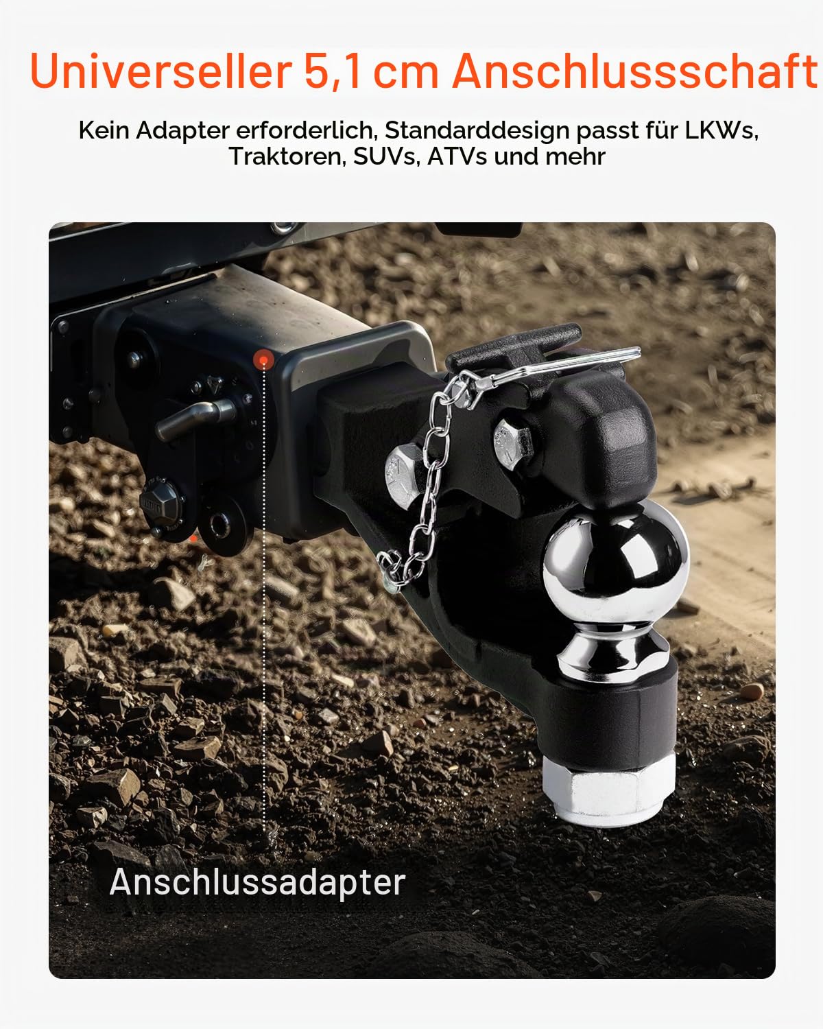 VEVOR Anhängerkupplung 9 T, für 50,8 mm Anhängekupplungshaken, Kombination 2-5/16-Zoll-Anhängerkupplungskugel, passend für 63,5 bis 76,2 mm Lünettenring, 397 mm Länge, Schwarze Pulverbeschichtung
