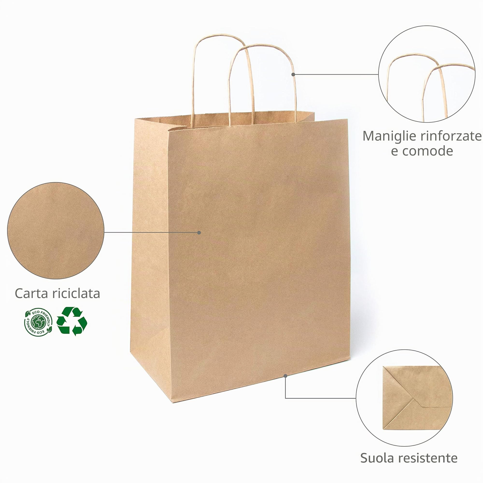 Extiff - Confezione di 50 sacchetti marroni in carta kraft con manici, 26 x 14 x 32 cm, shopping bag, confezioni regalo per compleanno, Natale o matrimonio