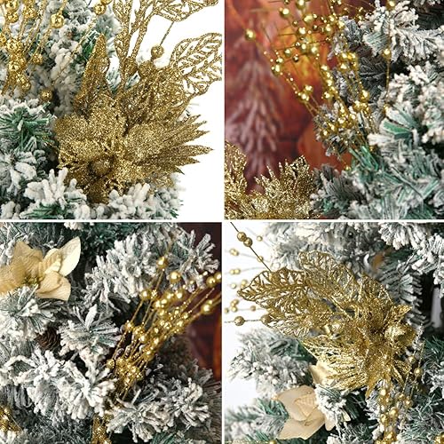 Miniatura 3 de ROSELEAF Paquete de 28 adornos artificiales de tallo de bayas con purpurina, adornos de Navidad dorados, ramas de flores, púas para decoración del