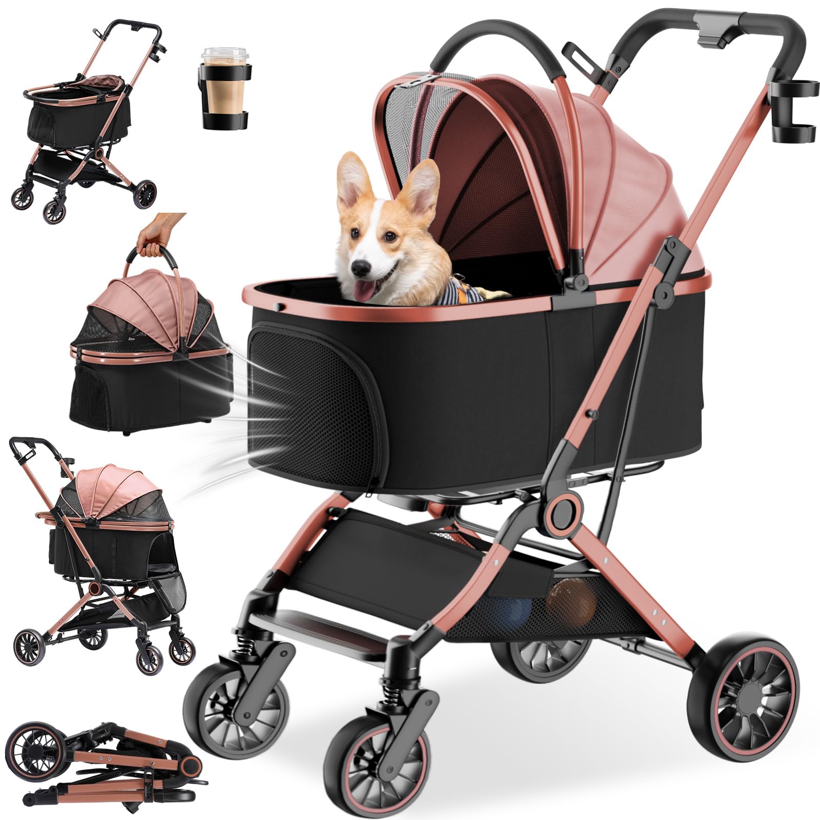 GTPLAYER Hundewagen 4 in 1 Hundebuggy, Hundebox klappbar Hund Kinderwagen bis 25kg, Faltbar Katzenwagen mit 360°Drehrädern, Netzfenstern, Verstellbaren Markise&Getränkehaltern, Roségold