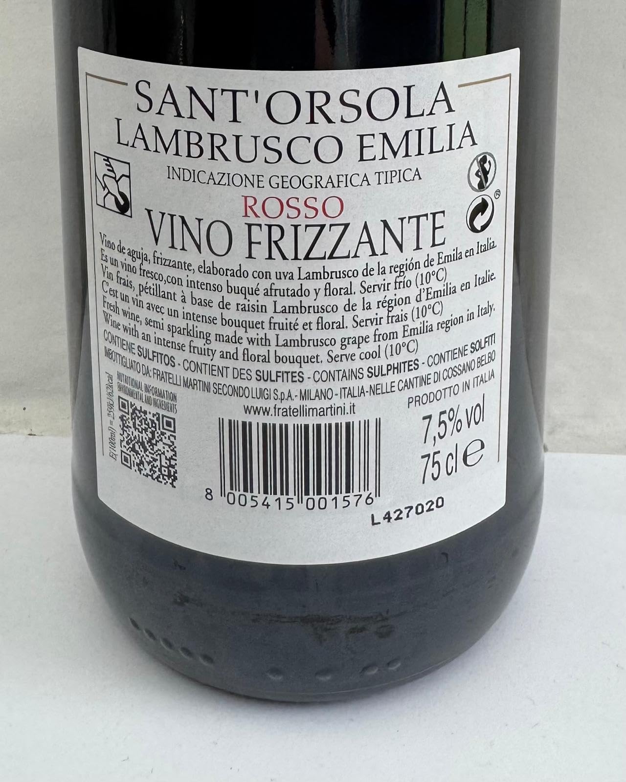 Sant'Orsola Lambrusco Emilia IGT Vino Tinto Seco Italiano - 6 Botellas X 750ml