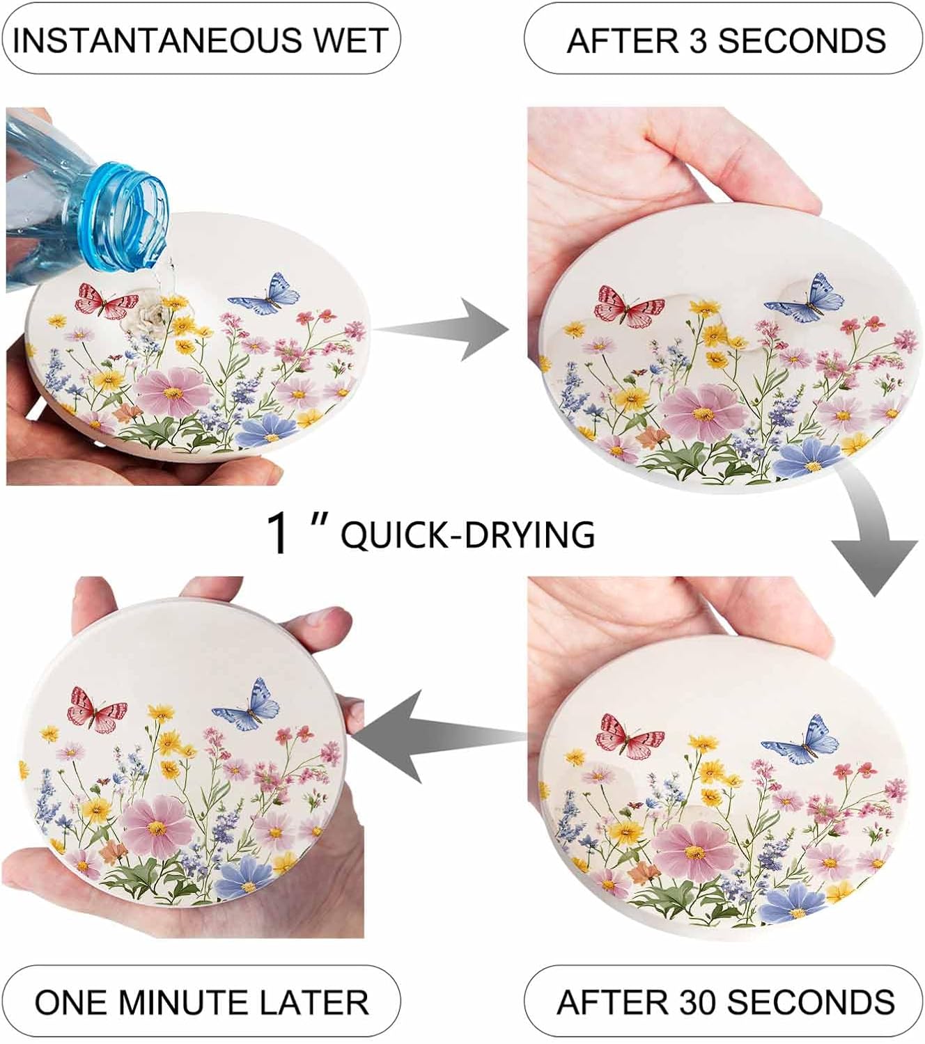 Coaster for Drinks 6 Pack,Spring Flower Leaf Butterfly Watercolor Absorbent Round Ceramic Stone with Cork Base and Metal Holder,Summer Farm Plant Cup Mats for Home Dining Coffee Tables