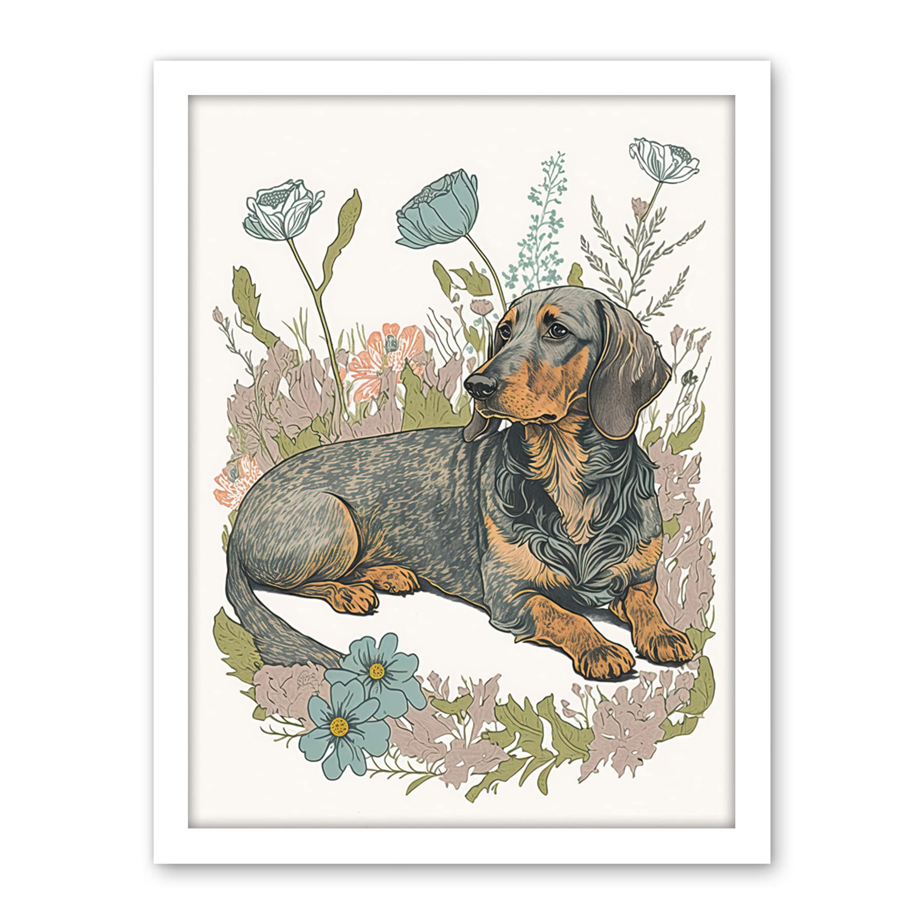 Artery8 Dachshund Dog Lying in Flower Field Pastel Watercolour Illustration Artwork Framed Wall Art Print 18X24 Inch