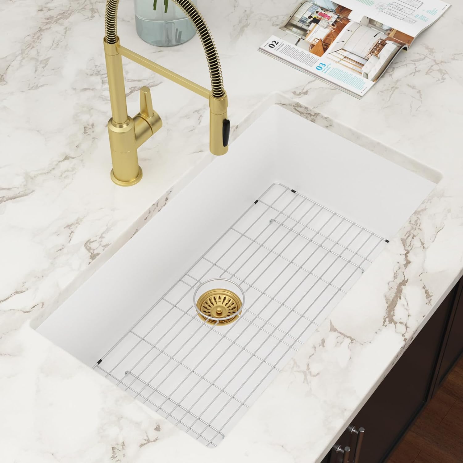 33"x19" Granite Composite Kitchen Sink - Couoko White Quartz Undermount Kitchen Sinks Classic Under Counter Single Bowl Sinks Basin