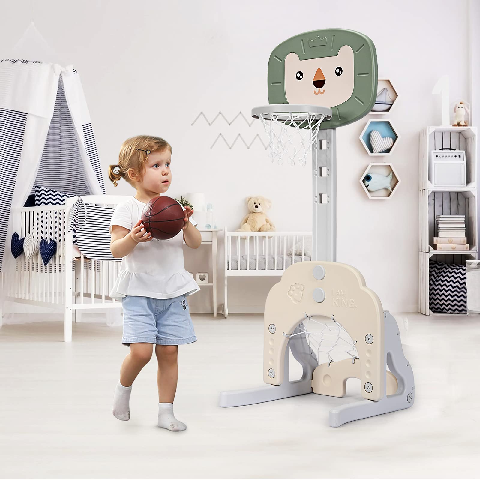 Basketball Hoop Set, 3 in 1 Sports Activity Center with Basketball, Soccer Ball & Golf Set, Height Adjustable Basketball Stand Best Gift for Baby Toddler (Green Lion)