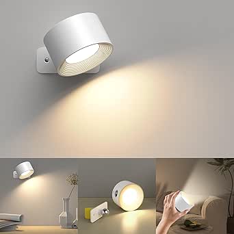 Luz de Pared de Interior, Lámpara de Pared con Batería de Carga USB, 3 Colores y 3 Niveles de Brillo Pared de Interior 360 ° Giratorio de Control Táctil Lámparas de Pared Inalámbricas (Blanco)
