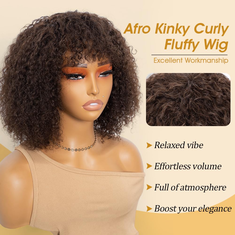 JOEDIR HAIR Human Hair Wig Afro Kinky Curly Fluffy Wig for Black Women Wear and Go Wig with Bangs Glueless Wigs 250% Density (4, 10 inch)