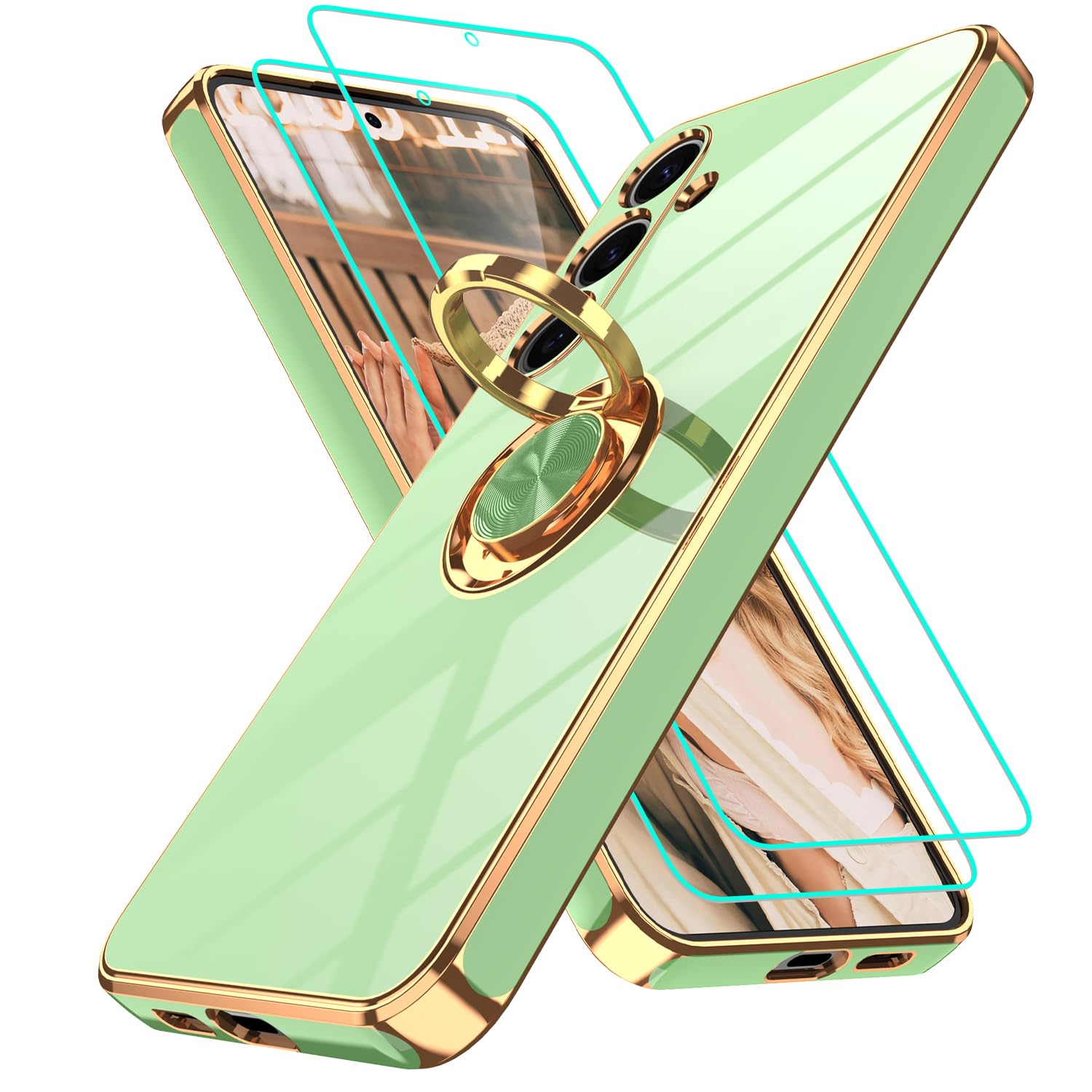 Gritup for Samsung Galaxy S24 Case: with 2Pcs Screen Protector, 360° Rotation Ring Holder Magnetic Kickstand Plating Gold Edge Soft TPU Shockproof Protective Cover for S24, Pea Green Pea Green samsung S24
