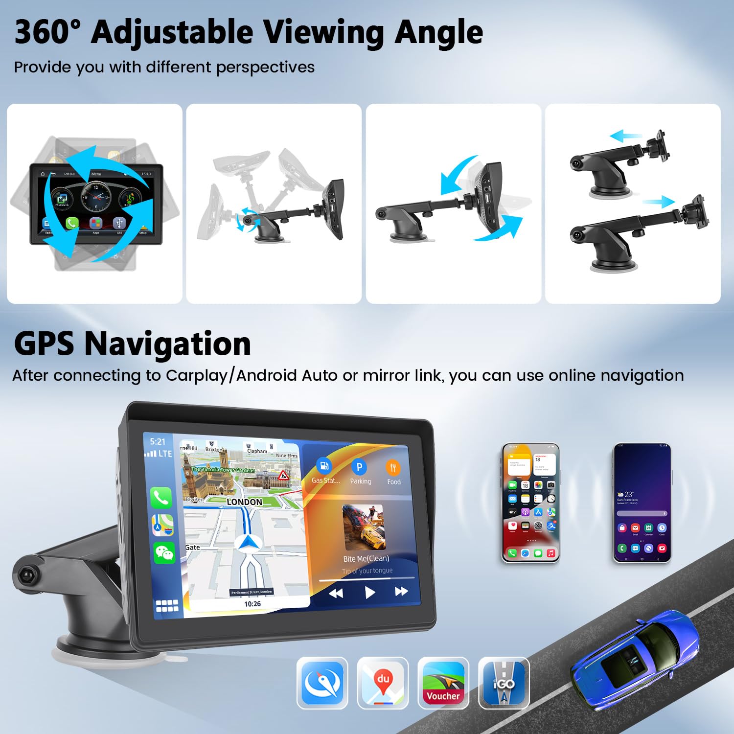 Pantalla Coche Portátil 7 Pulgadas Con CarPlay/Android Auto Inalámbrico | Bluetooth, Mirror Link, AUX, Para Todos Los Coches