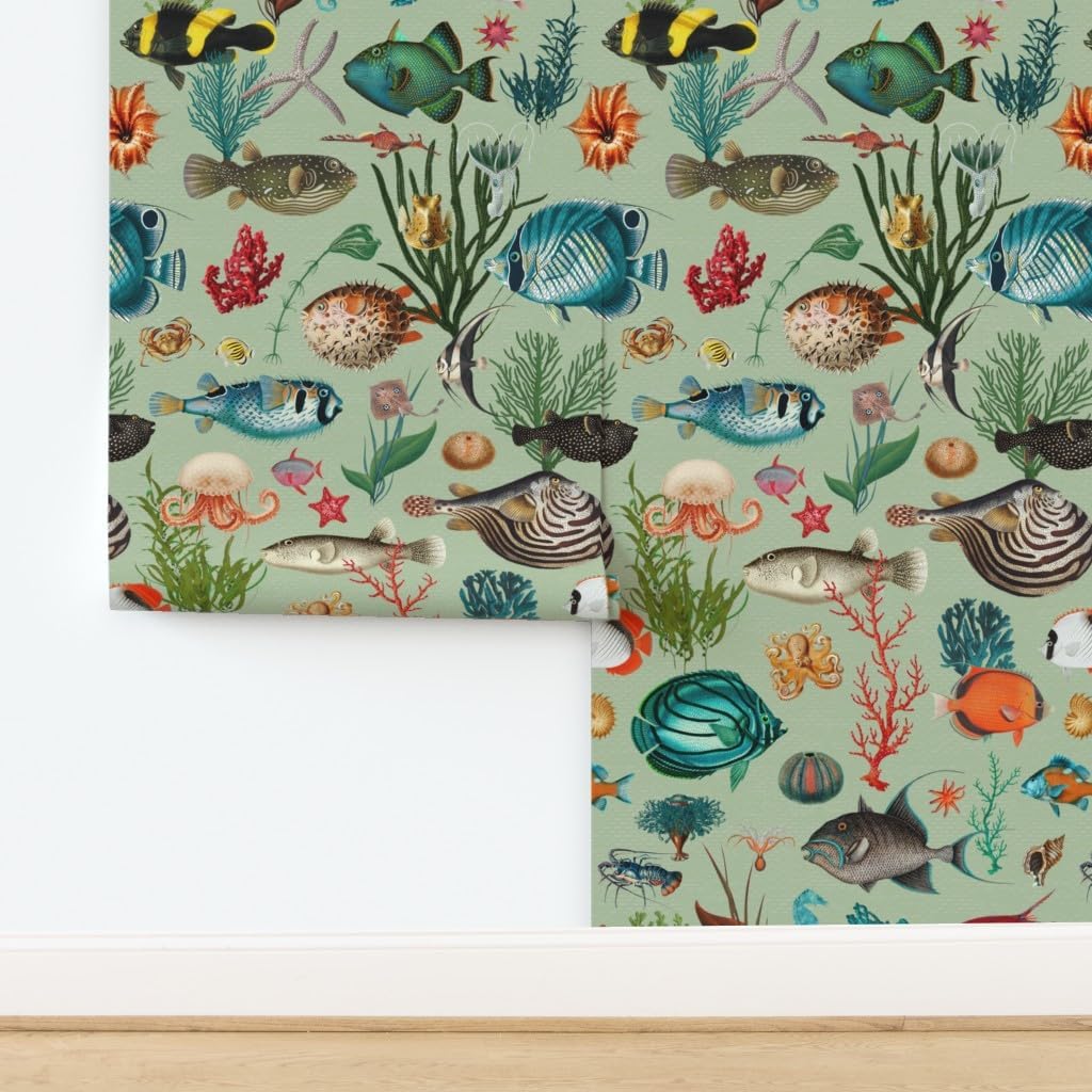 Removable Wallpaper Swatch - Sage Green Small Scale Summer Ocean Sea Fish Coastal Aqua Mint Blue Custom Pre-Pasted Wallpaper by Spoonflower