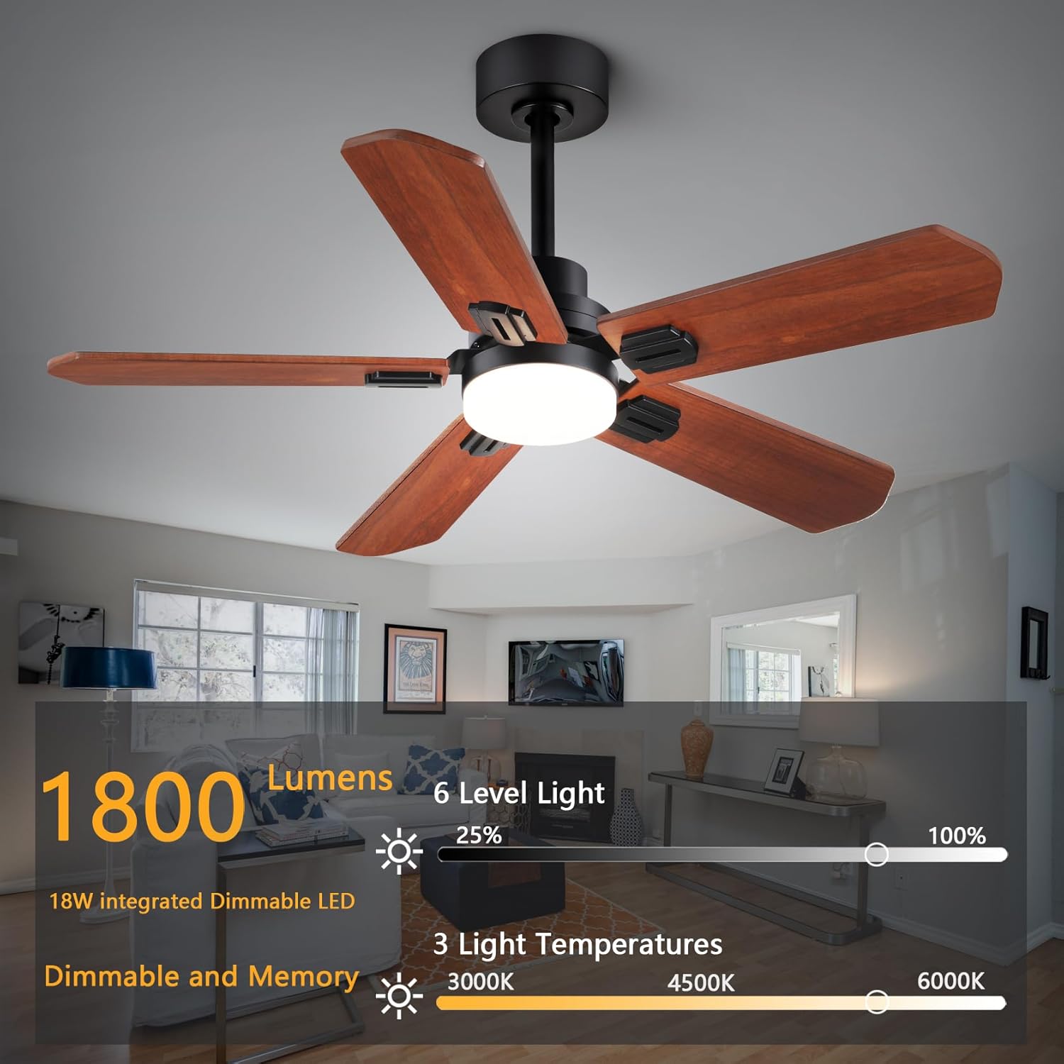 52” wood ceiling fans with light and remote control, silent reversible dc motor, walnut/black 5 blades, 6 speeds, indoor/outdoor ceiling fan for dining room, living room and pavilion courtyard
