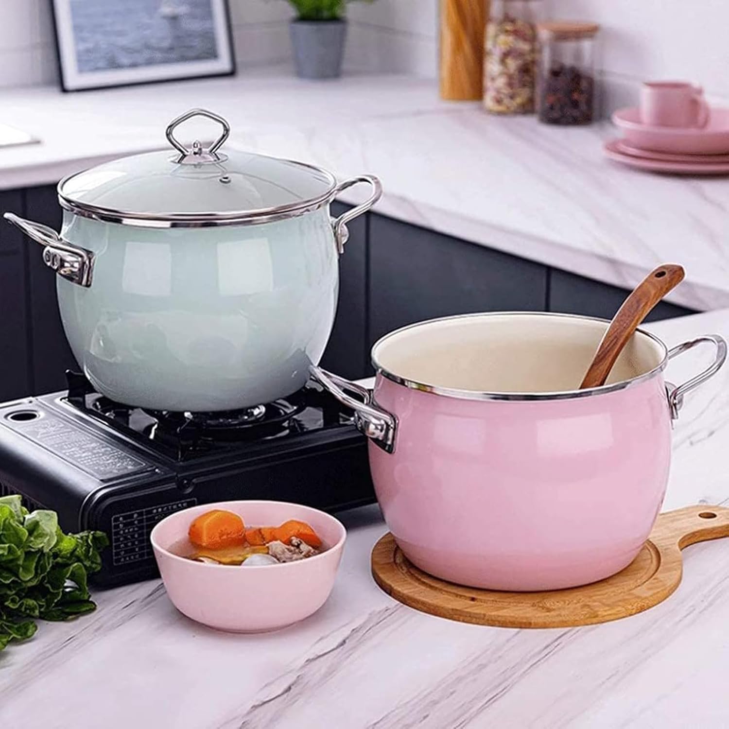 Enamel Stockpot Set with Glass Lid Nonstick Enamel on Steel Stock Pot Enamelware Cooking Pot Large Simmer Pot with Handle for Induction Cookers and Stove,Pink,7inch