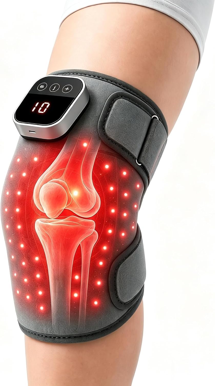 Knie Massagegerät mit Wärme und Rotlichttherapie, 5 Intensitätsstufen + 4 Temperaturstufen, kabellos und verstellbar für Knie, Ellenbogen & Schultern, Geschenk für Männer & Frauen