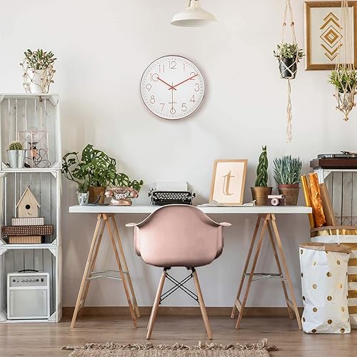 Miniatura 27 de Bernhard Products Reloj de pared plateado de 12 pulgadas, silencioso, sin tictac, de cuarzo, funciona con pilas, redondo, blanco, decorativo, diseño