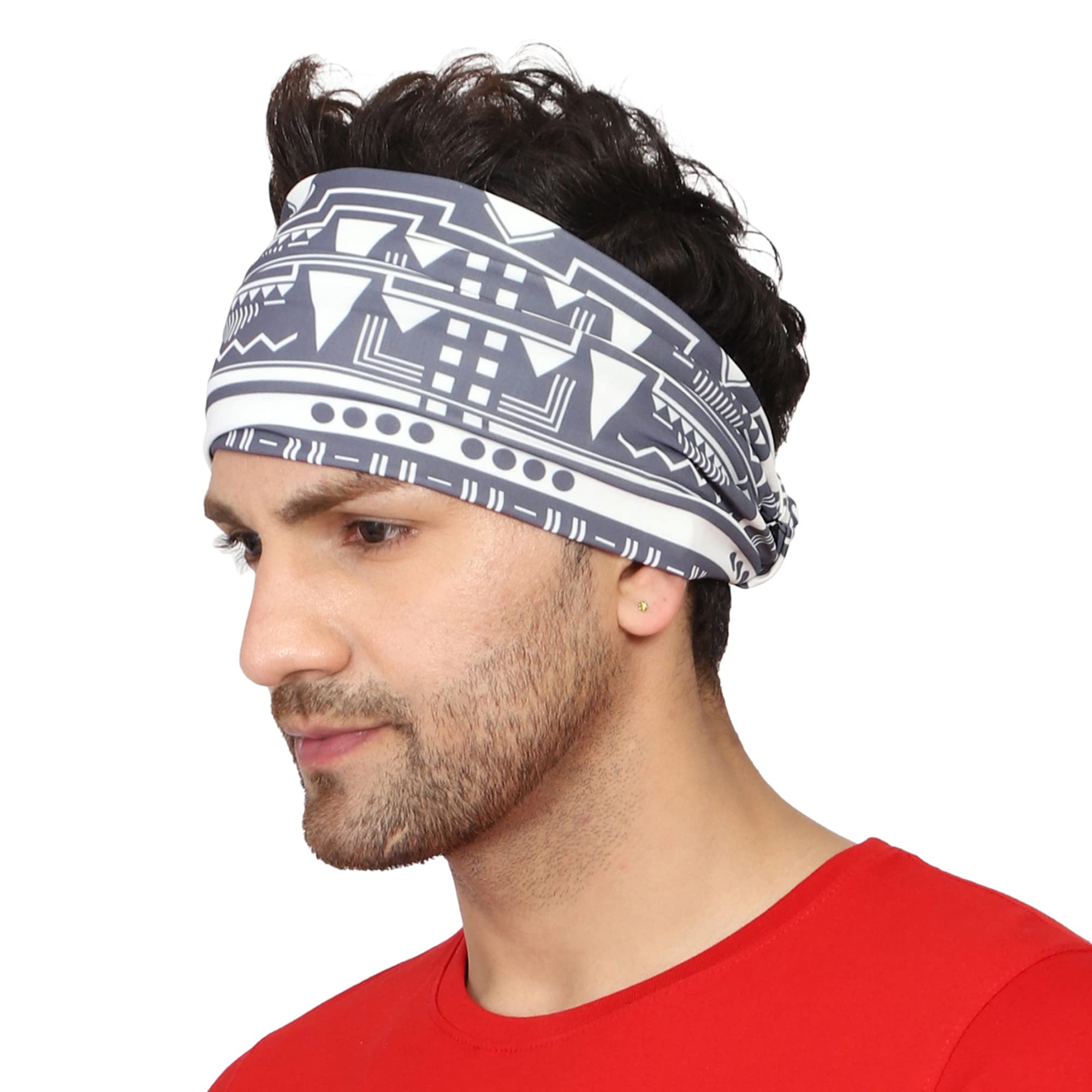 Coreteq Multicolor Sports Sweatband Headband Concealed Seam Micro-Spandex Men and Women (Geometric Grey) Free Size