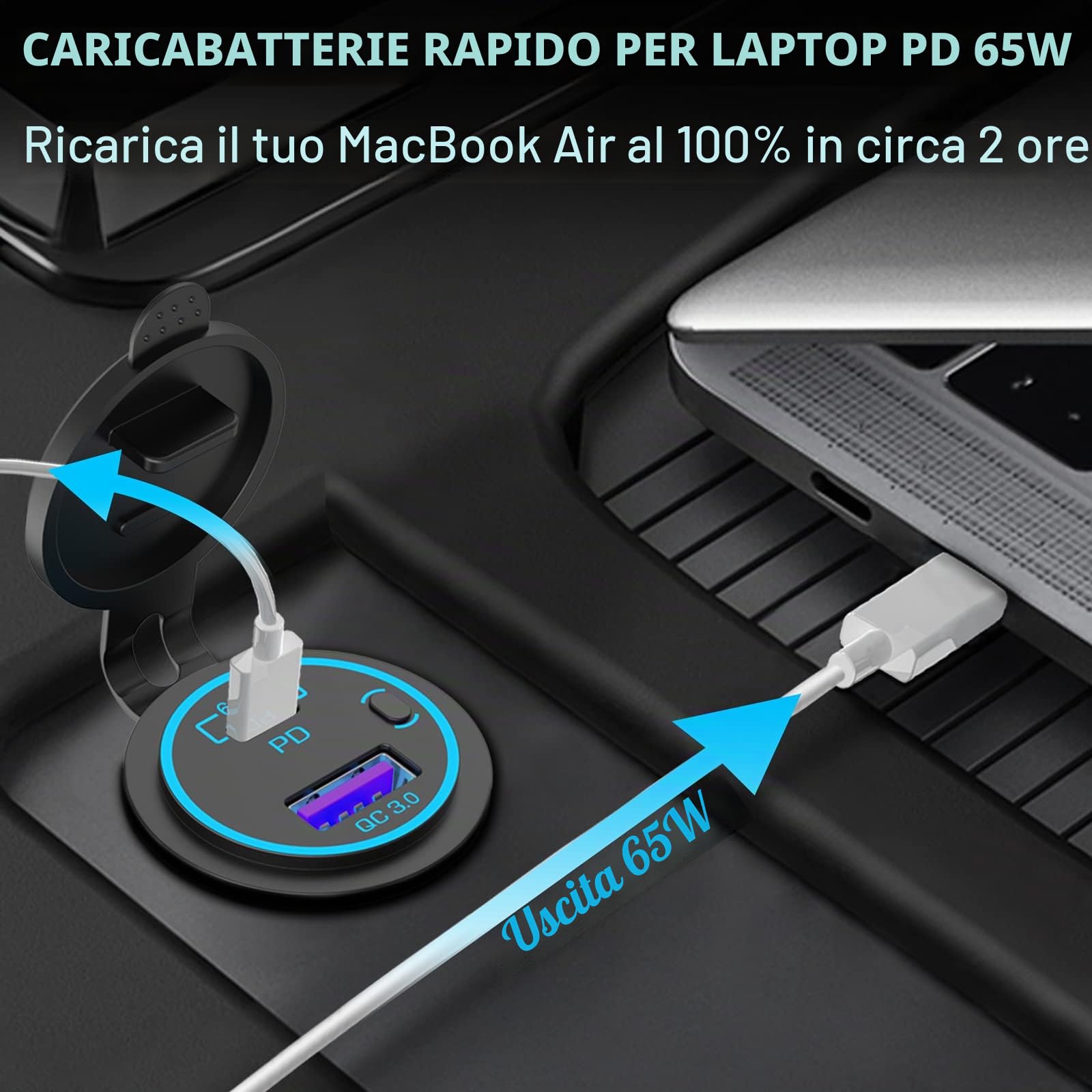 PD 65W USB C Presa 12 Volt: Qidoe Tipo C e QC3.0 Caricabatterie Prese USB per Auto con Interruttore Caricatore Veloce per iPhone iPad Telefoni Android, Adatto per 12V 24V Auto Barca Camion Camper