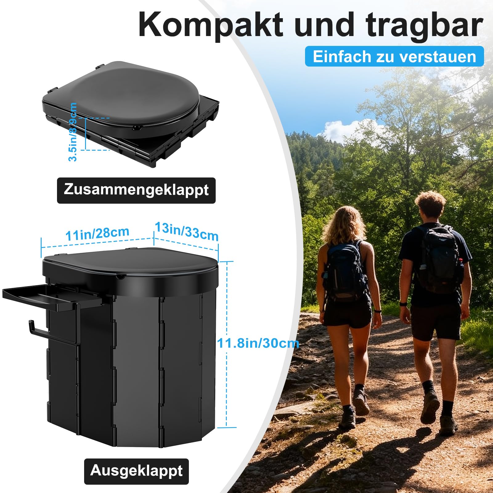WADEO Tragbare Camping- und Autotoilette mit komfortablem EVA-Sitz, Klapptoilette für Erwachsene (Männer und Frauen), Hygieneeimer mit integriertem Deckel, Papierhalter, Handyablage und 20 Beutel