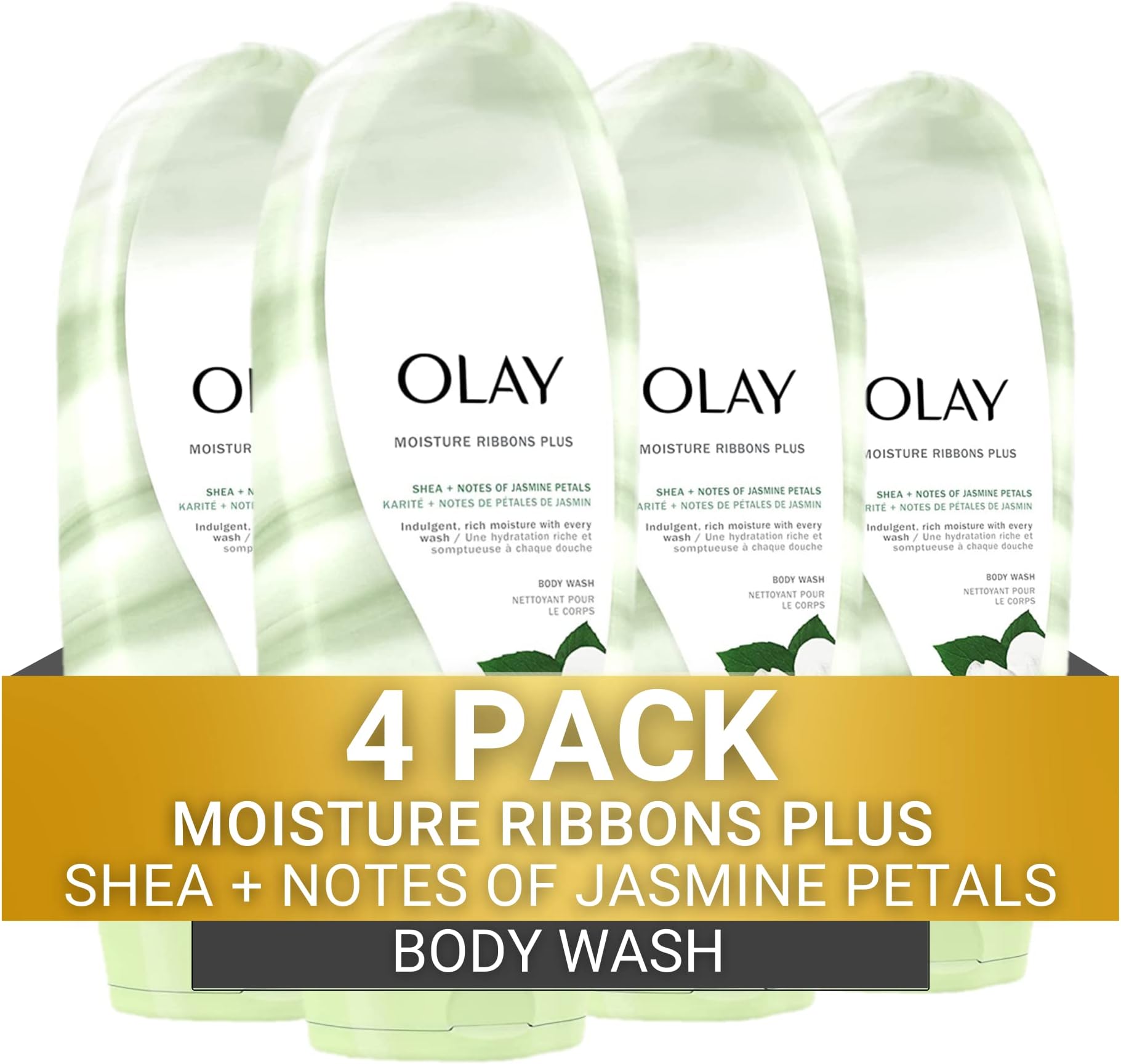 Olay Moisture Ribbons Body Wash with Shea and Notes of Jasmine Petals, 18 fl oz, (Pack of 4)