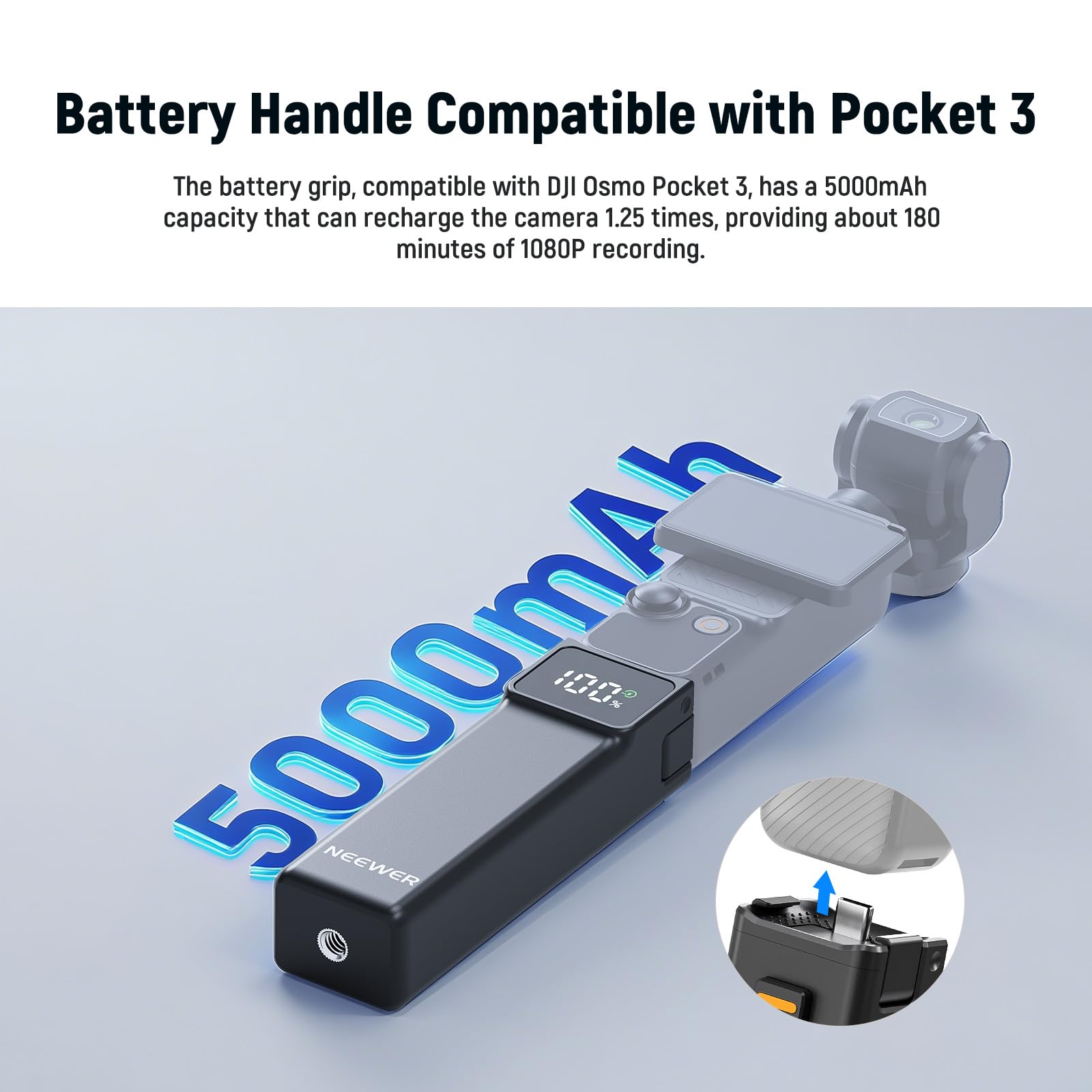 Poignée Batterie Pour DJI Osmo Pocket 3 – 2200 MAh, Recharge USB-C, Design Compact (7.2 X 3.3 Cm)